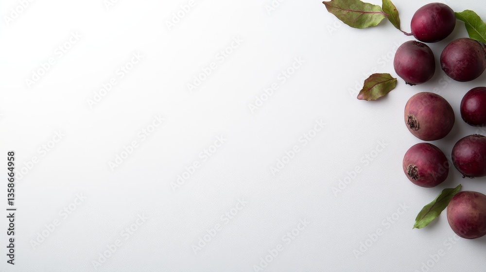 Poster vibrant beets are artistically arranged with fresh green leaves on a clean white surface, illuminate