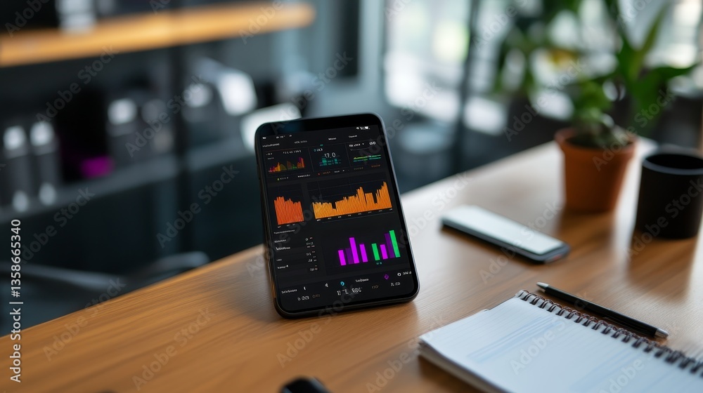 Poster Smartphone showcases a colorful KPI dashboard with analytics while an office environment features a blurred desk, notepad, and pen for a productive atmosphere