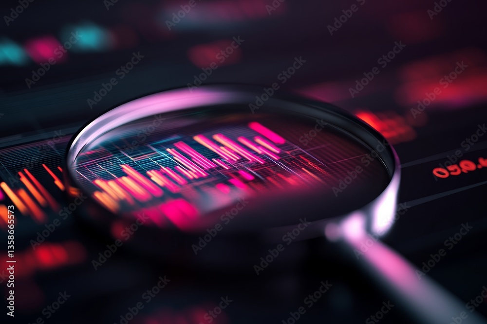 Poster overhead perspective showcases a magnifying glass enhancing vibrant neon graphs and bar charts, surr