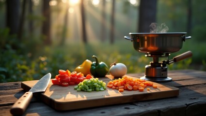 Chopped Vegetables on Rustic Cutting Board Outdoor Cooking