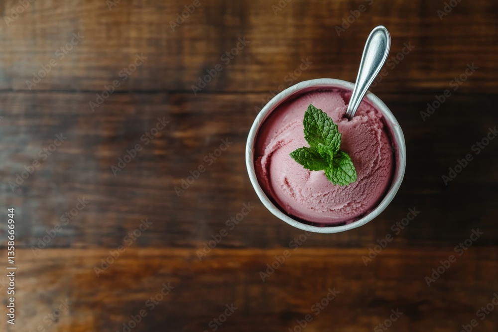 Aufkleber overhead view shows a delicious raspberry sorbet in a paper cup, topped with a mint leaf and silver 