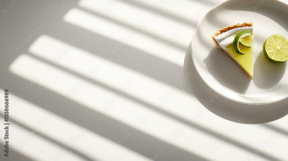 Aufkleber Key lime pie slice garnished with lime twist placed beside a lemon tart on a glossy white plate, showcasing minimalistic design with clear space for elegant presentation