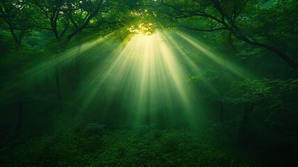 Fototapeta premium Sunlight Filters Through Lush Green Forest Creating Beautiful Illuminated Beams
