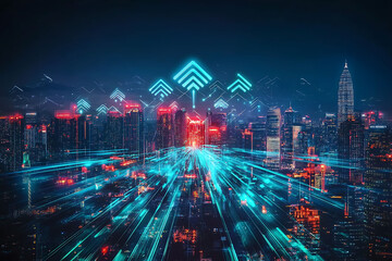 Fototapeta premium cityscape at night with digital arrows soaring upwards, illustrating business growth concept. Futuristic urban development and growing up economy.,