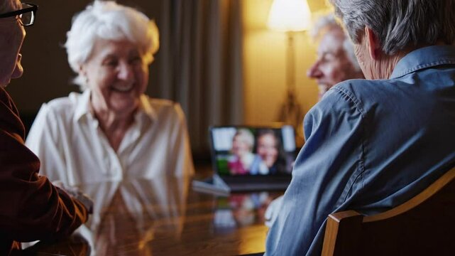 Cheerful elderly woman enjoying virtual connection with family on a tablet, highlighting the joy of technology and relationships in a warm, cozy indoor setting.