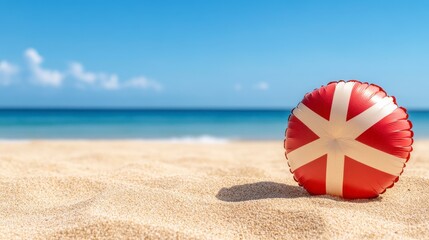 Red and White Beach Ball on Sandy Shore under Bright Sunny Sky