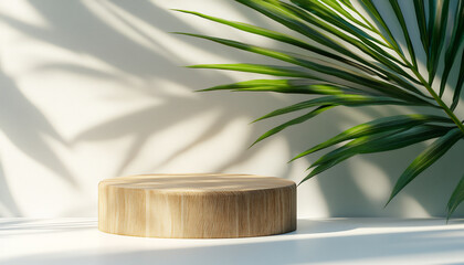 3d rendering of a wooden podium on a white background with a shadow from a palm leaf for a product presentation mock-up, a minimal concept, studio lighting,
