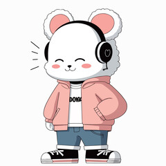 Cartoon Bear with Headphones and Hoodie