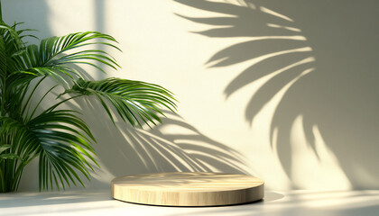 Obraz premium 3d rendering of a wooden podium on a white background with a shadow from a palm leaf for a product presentation mock-up, a minimal concept, studio lighting,