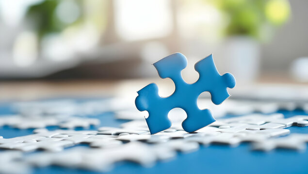 A single, bright blue jigsaw puzzle piece stands out against a backdrop of numerous, smaller, unplaced white pieces on a blue surface.  It symbolizes a solution or a missing element
