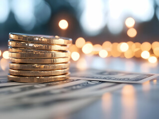 A stack of golden coins rests on a bed of dollar bills, set against a bokeh background of warm, ambient lighting.  The image suggests wealth, prosperity, and financial success