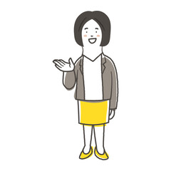 笑顔で案内をしている女性会社員の鉛筆で描いた手書き風のシンプルな全身イラスト素材