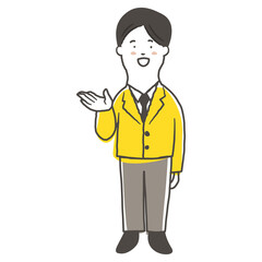 笑顔で案内をしている男性会社員の鉛筆で描いた手書き風のシンプルな全身イラスト素材