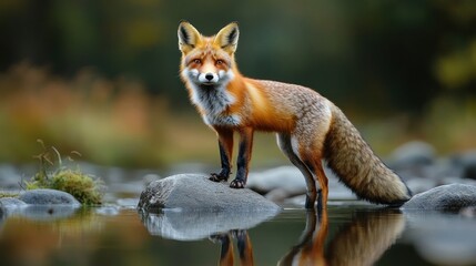 Fototapeta premium Red Fox Standing on Rocks by a Stream, Autumnal Forest Background