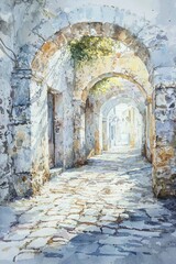 Fototapeta premium Watercolor painting of a peaceful street with arched doorways and faded paint. Soft sunlight spills onto the cobbled path, on isolated white background