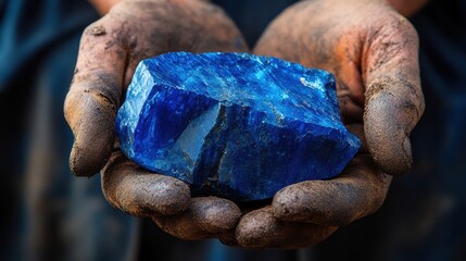 Dirty hands carefully hold a vibrant, raw, blue lapis lazuli stone. Use this to depict mining, geology, treasure, or hard work.