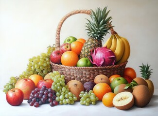 A vibrant still life of a basket overflowing with a variety of fruits