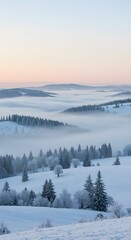 A snowy landscape with soft fog, muted whites, and gentle blue hues for a wintery calm feel