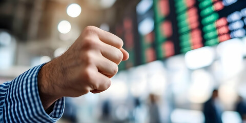 Close-up of a clenched fist against a blurred background of a stock ticker, symbolizing determination and power in the financial world
