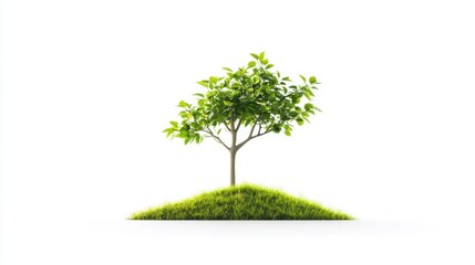 Small Green Tree on Grass Island Isolated on White Background