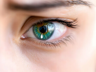 Obraz premium Close-up of a striking teal eye, showcasing intricate details of the iris, pupil, and eyelashes. The subtle skin texture around the eye adds depth