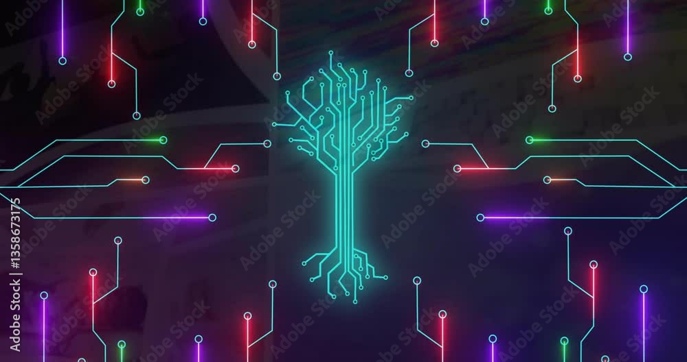 Poster animation of colorful circuit tree glowing with lines and nodes on dark background