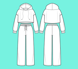 Ladies Crop hoodie and trouser tracksuit flat sketch outline CAD mockup template.