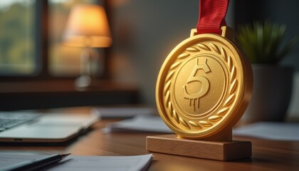 Gold Medal with Crypto Symbol on Desk