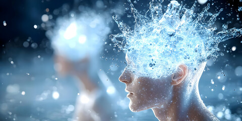 Fototapeta premium Ethereal portrait of a person with water bursting from their head, showcasing a surreal and dreamlike aesthetic. A second, blurred figure is visible in the background, adding depth to the scene