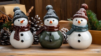 Charming Snowman Figurines Surrounded by Pine Cones and Holiday Decor on Wooden Table