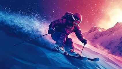 Full-body skier in low-poly art style on dark background, vector illustration crafted in Adobe Illustrator, featuring flat design, poster-style graphics with vibrant color splashes, high contrast,