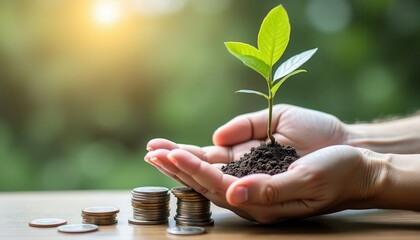 Hands Holding Sapling with Coins