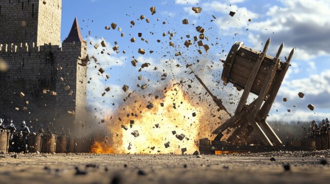 A catapult launches a projectile towards a castle, causing an explosion and debris to scatter dramatically in a dynamic, medieval setting.