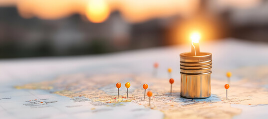 Golden cylinder glowing atop a world map, surrounded by colorful pushpins, suggesting global reach and illuminated ideas. Sunset backdrop adds a sense of ambition and achievement