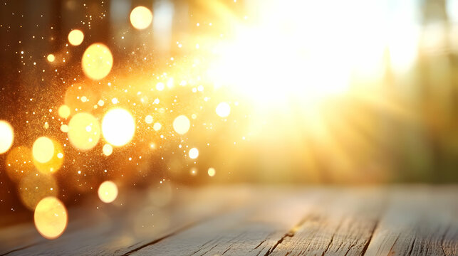 Golden sunlight shines on wooden planks, bokeh