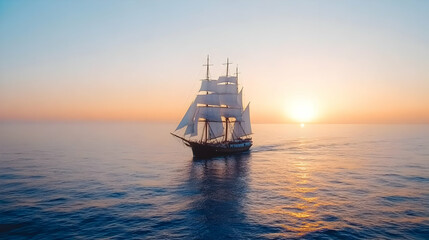 Majestic sailing ship glides across calm ocean waters at sunset, golden light reflecting on the waves.  A serene and picturesque scene