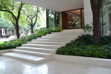 Obraz premium Modern home entrance with sleek white stairs, lush green landscaping, and large glass windows offering a view of the tranquil garden