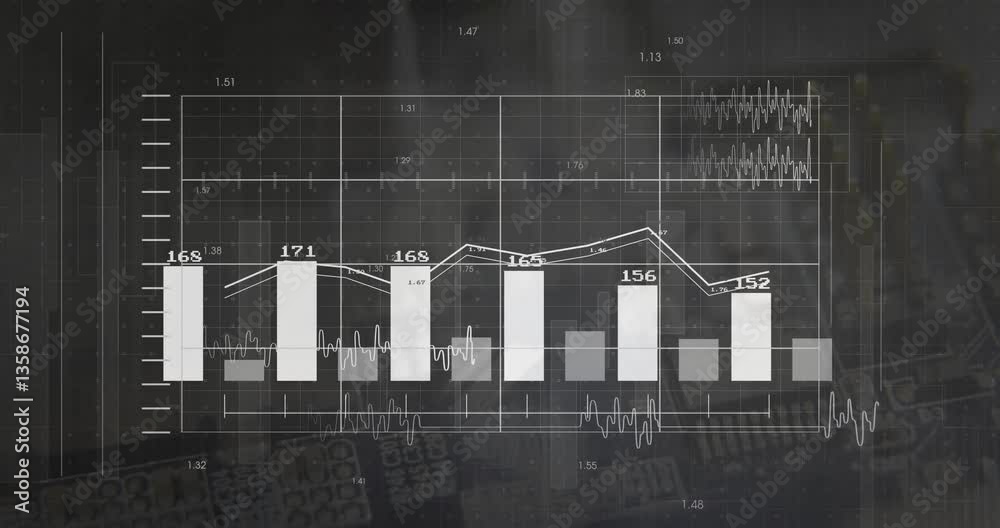 Poster animation of fluctuating data trends with bar and line charts on dark background