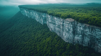 A dramatic cliff face towers over a dense forested landscape below