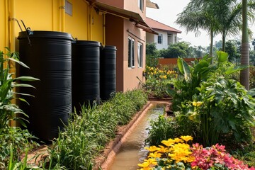 Naklejka premium Black water tanks stand near the house, a ditch with water flows by. Showing water conservation and usage to save our precious water.