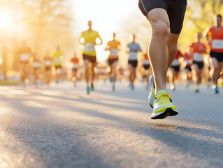 Runners compete in a vibrant marathon, legs and shoes in sharp focus against a blurred backdrop of fellow athletes and a sun-drenched road. The energy and motion of the race are palpable