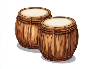 Two Traditional Wooden Drums with Natural Texture and Simple Design on a White Background