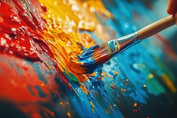 Obraz premium First-person perspective of vibrant paint being splashed onto a screen directly in front of the viewer, with a brush in hand visible in the foreground. 