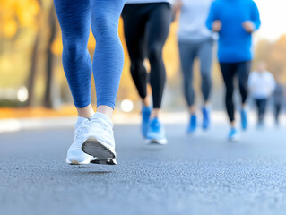 Fototapeta premium Runners' legs and feet in motion on a paved path, autumn leaves visible in the background. Focus on the foreground runner's shoes. Group running outdoors