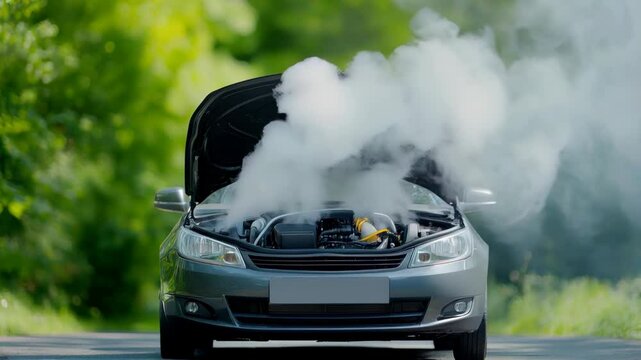 A car with its hood open emits heavy steam, indicating overheating engine trouble while stranded on a rural roadside.