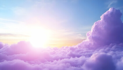 Serene, dreamy cloudscape at sunrise, showcasing a breathtaking view from above the fluffy, pastel-colored clouds.  Sunlight shines through, creating a vibrant and peaceful atmosphere