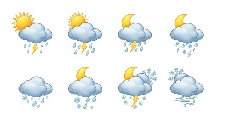 Weather Forecast Icons Displaying Sun Moon Clouds Rain Snow Wind Lightning