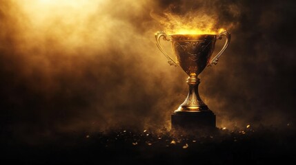 Golden trophy with confetti on a dark background, a winning award concept banner design for success and achievement. 