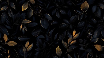 Gold line art leaves on dark background, seamless pattern.