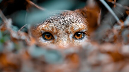 Obraz premium Hidden Fox Looks at Camera Through Foliage with Intense Orange Eyes